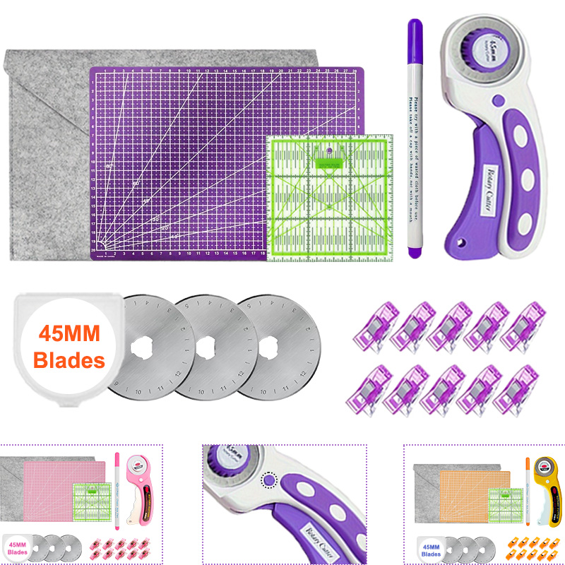 Rotary Cutter Fabric - 厚みのあるA4カッティングマット付き45mmロータリーカッター+Sk5交換用ブレード+パッチワーク定規+縫製用マーカーペン+クラフトクリップ+収納バッグ、革、布、ペーパークラフトの裁断に適しており、ホリデーギフトとしても最適--Va